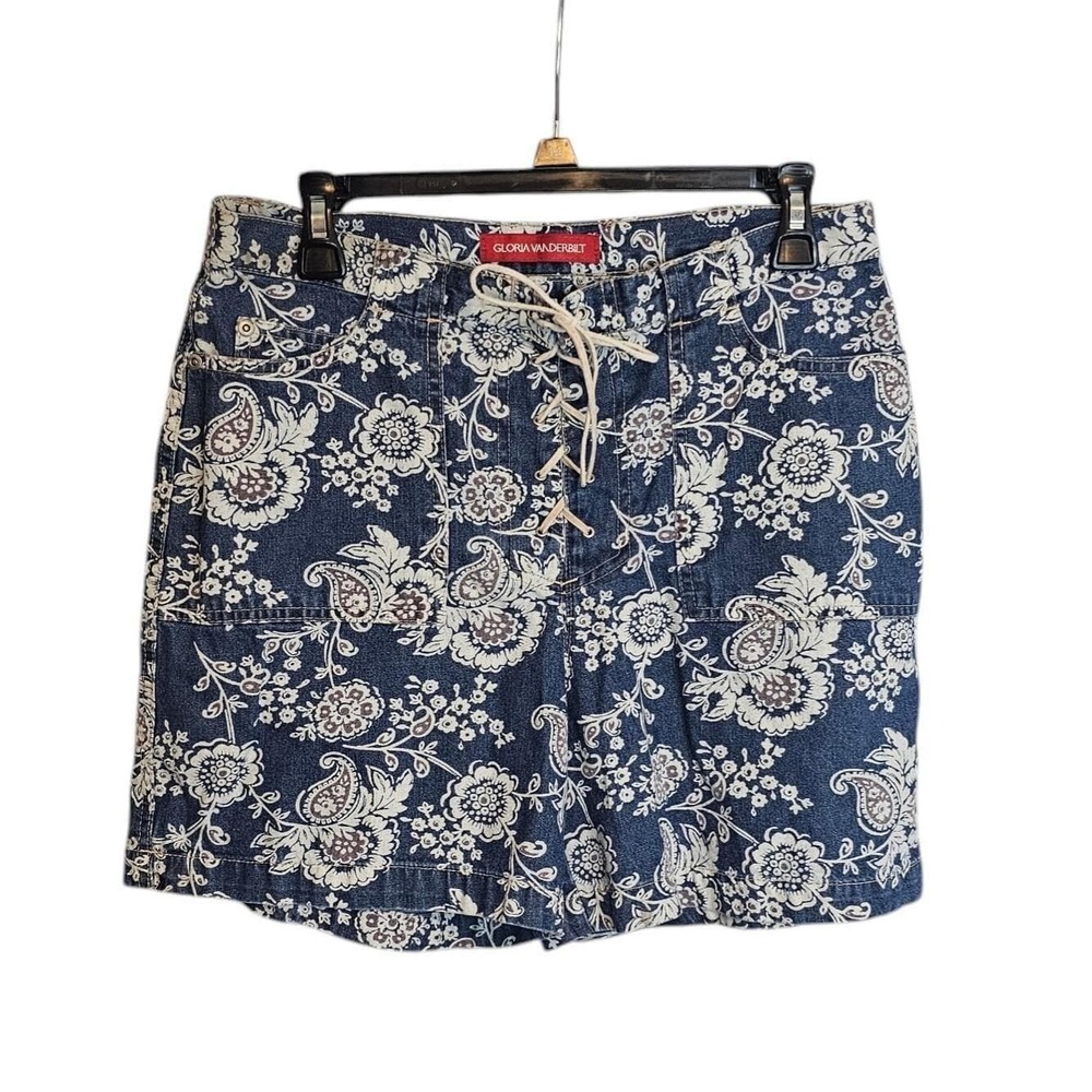 Vintage Gloria Vanderbilt Floral  Shorts Size 10 Blue Retro ‎ 100% Cotton